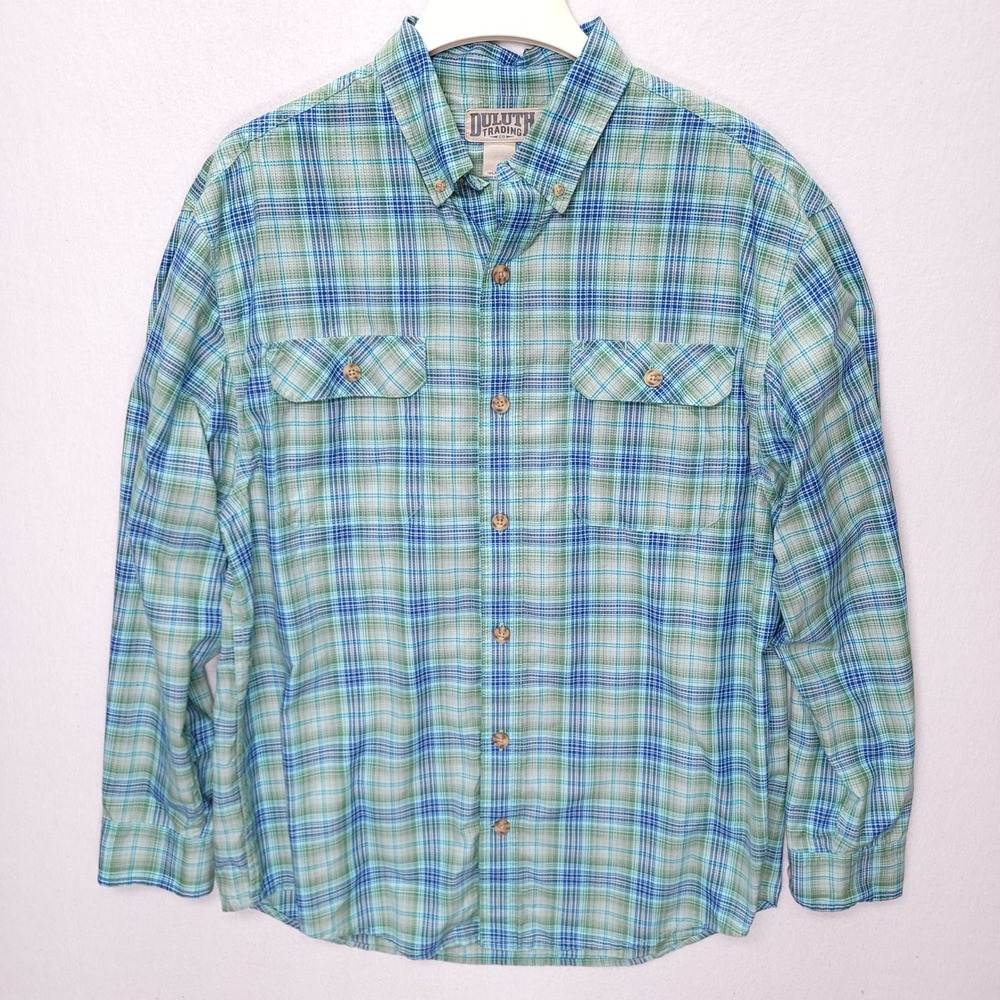 Duluth Trading Co Mens Large Blue Green Plaid Roll Tab Sleeve Button‎ Down Shirt